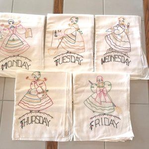 5 Vintage Embroidered Flour Sack Tea Dish Kitchen Towel Monday-Friday